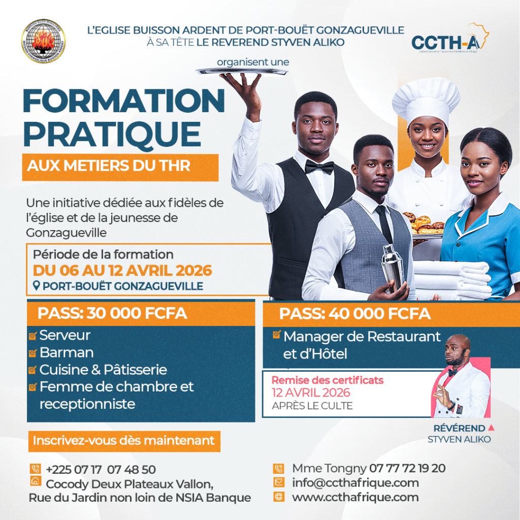 Formation pratique aux métiers de l'hôtellerie et de la restauration — CCTH Afrique x Église Buisson Ardent — Gonzagueville, Port-Bouët — Avril 2026