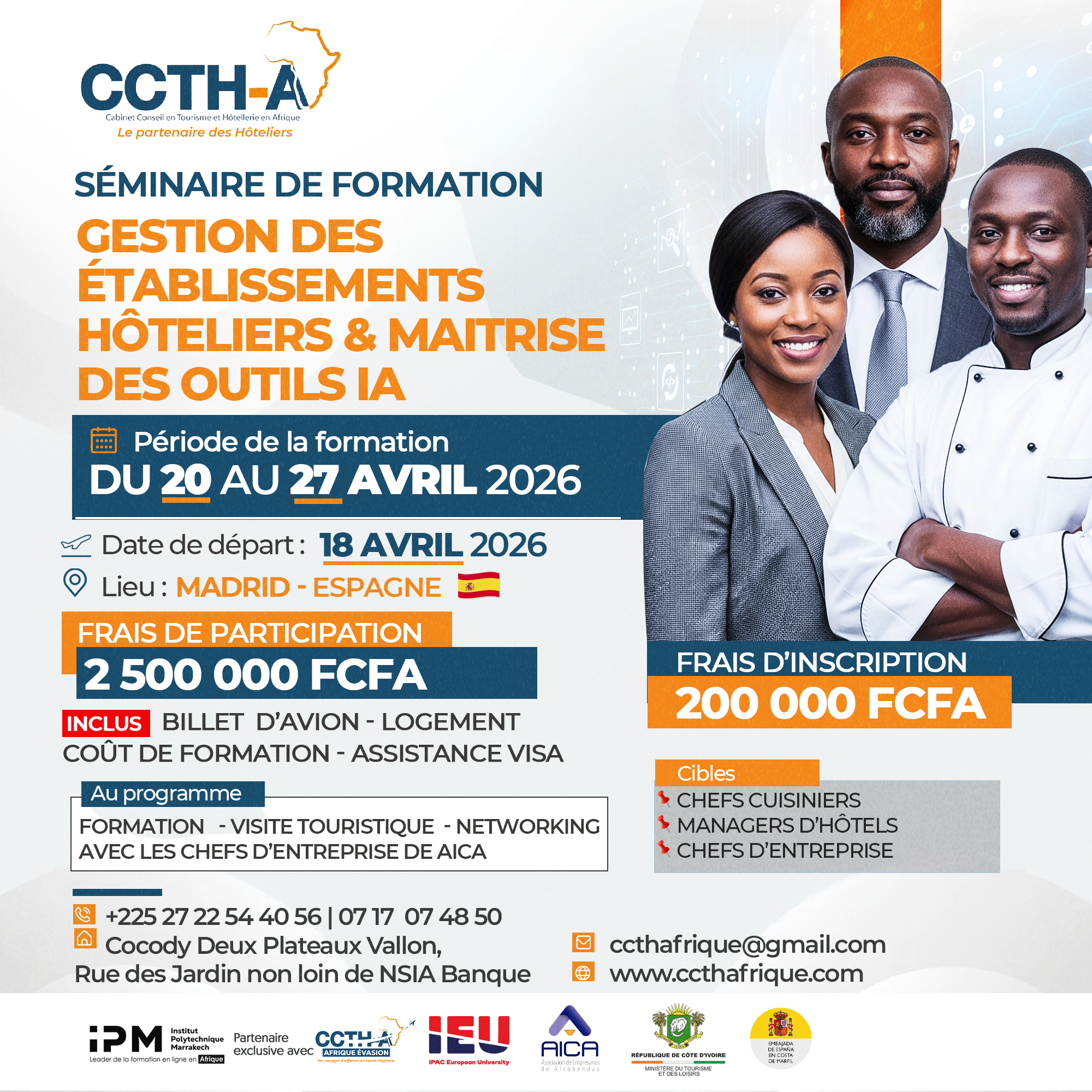 Affiche promotionnelle du séminaire de formation en gestion des établissements hôteliers et outils IA organisé par CCTH Afrique, prévu du 20 au 27 avril 2026 à Madrid en Espagne, destiné aux chefs cuisiniers, managers d’hôtels et chefs d’entreprise.